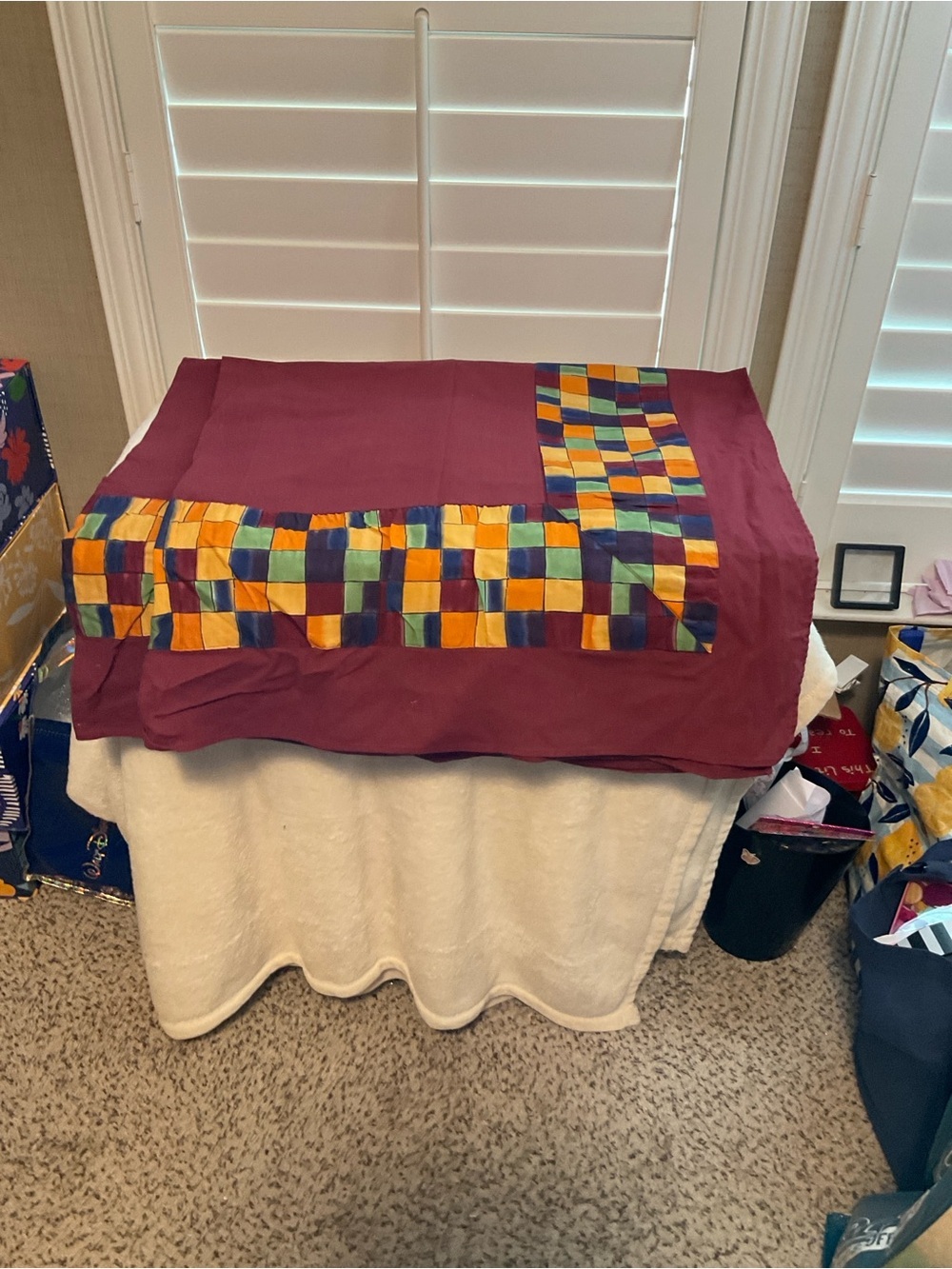 Handmade Patchwork Table Cloth- Burgundy with Multicolor Squares